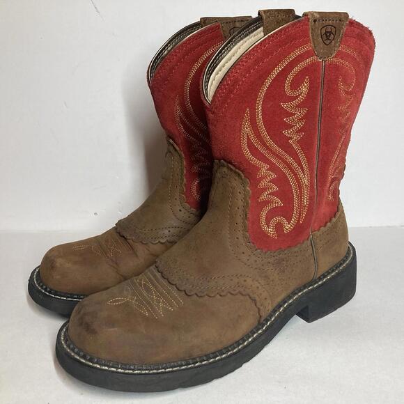 Women’s 9B Ariat 10014079 Brown Leather & Red Suede Fatbaby Ride Boots Cowgirl - Picture 1 of 9